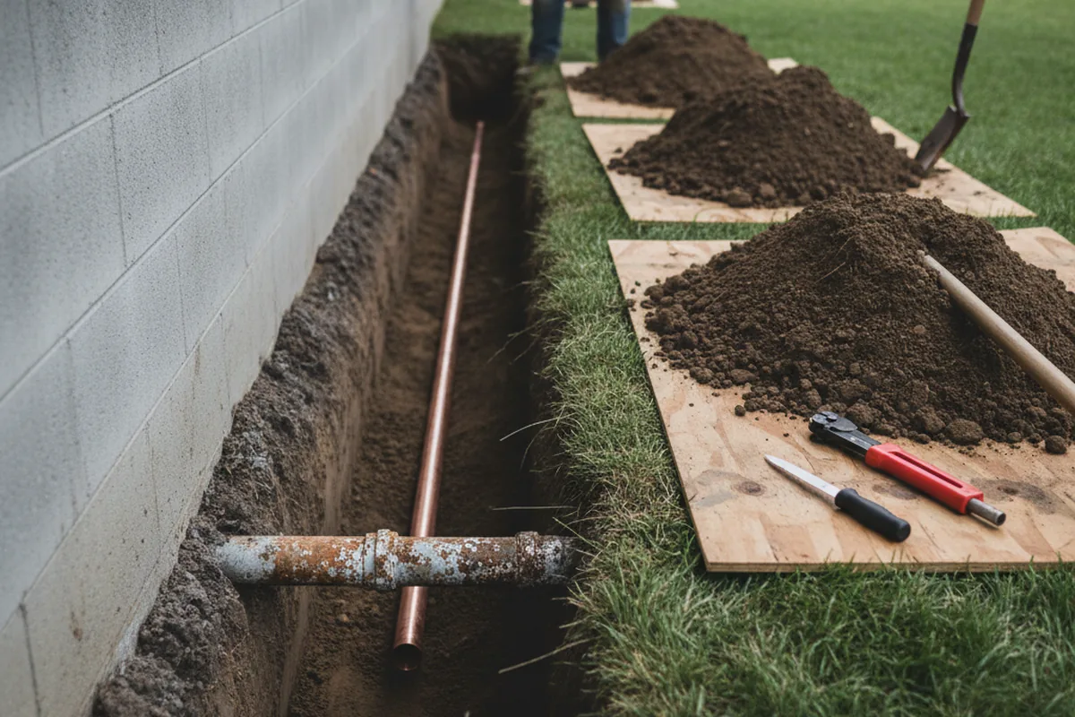 Excavated water line trench during Water Softener Installation in Kennesaw